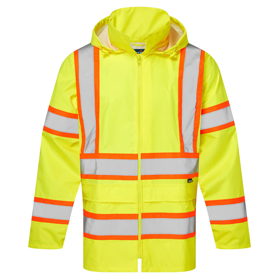 High-visibility yellow safety jacket with reflective orange and silver stripes from GlowSafetyVest