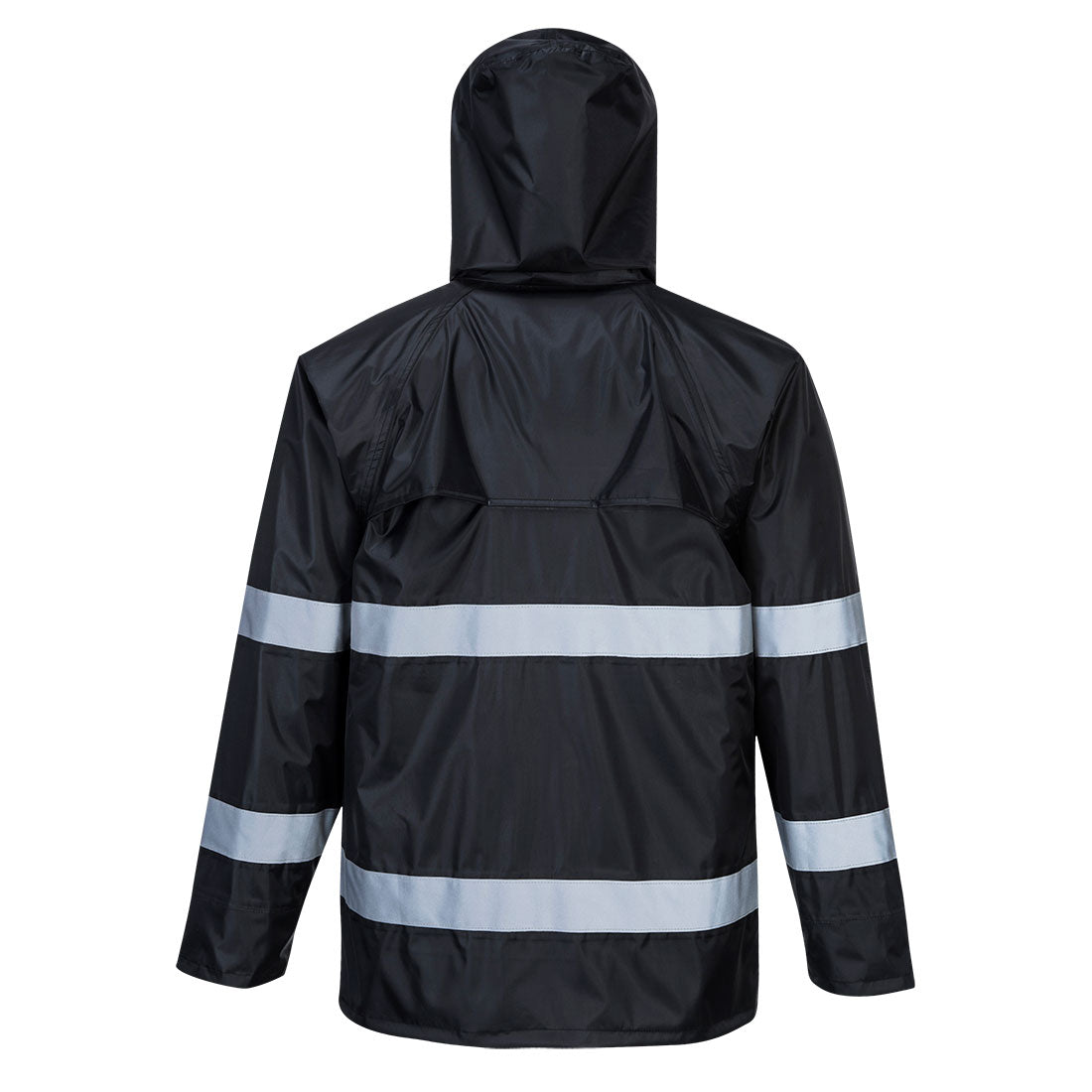Black hi-vis safety raincoat with reflective stripes from GlowSafetyVest