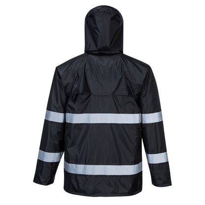 Black hi-vis safety raincoat with reflective stripes from GlowSafetyVest