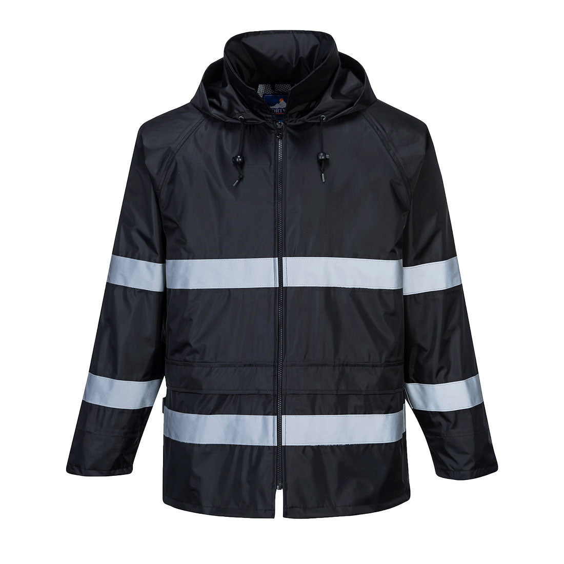 Black hi-vis safety raincoat with reflective stripes from GlowSafetyVest
