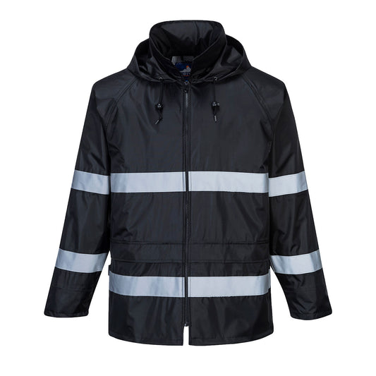 Black hi-vis safety raincoat with reflective stripes from GlowSafetyVest