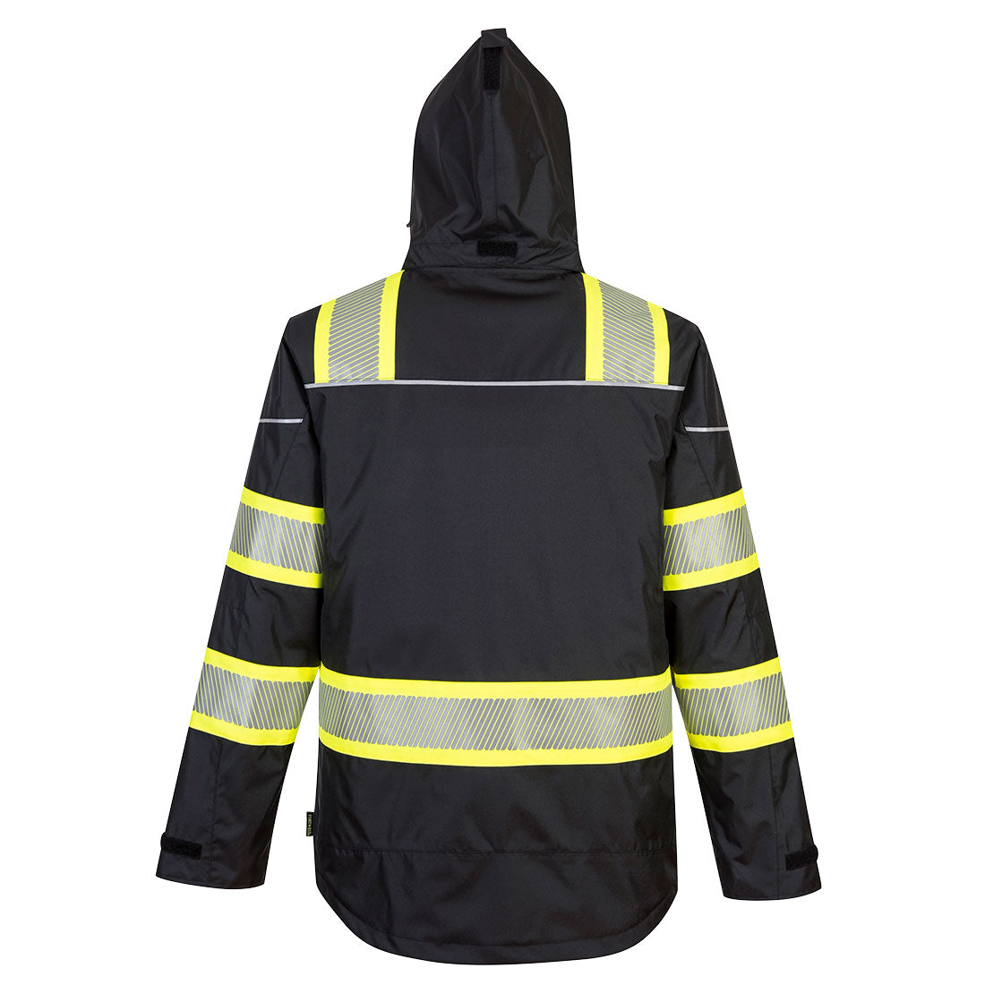 Black safety jacket with yellow and segmented reflective stripes from GlowSafetyVest