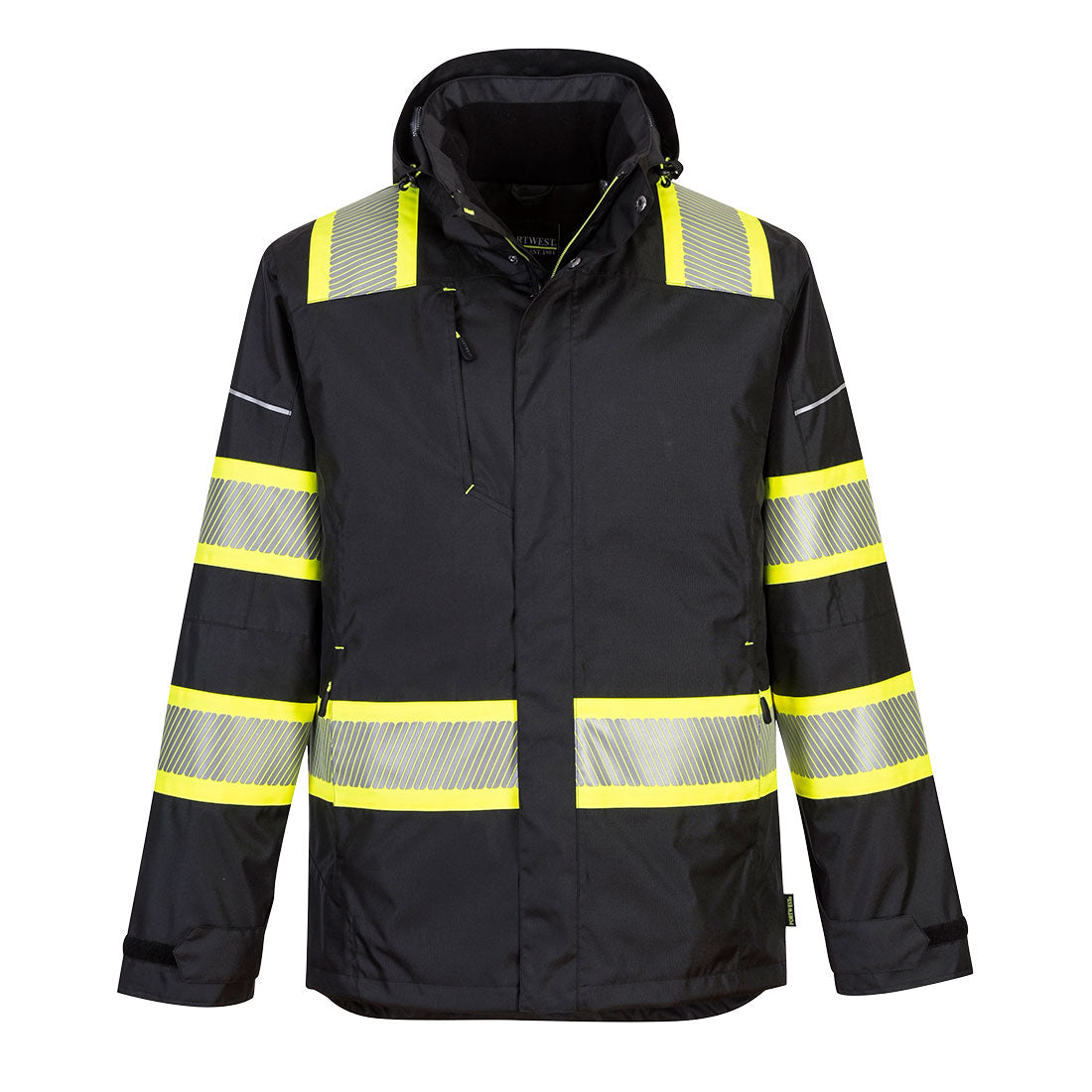 Black safety jacket with yellow and segmented reflective stripes from GlowSafetyVest