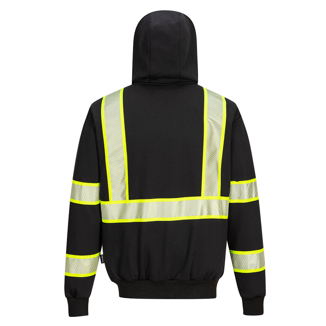 Black hi-vis safety hoodie with segmented reflective yellow stripes from GlowSafetyVest