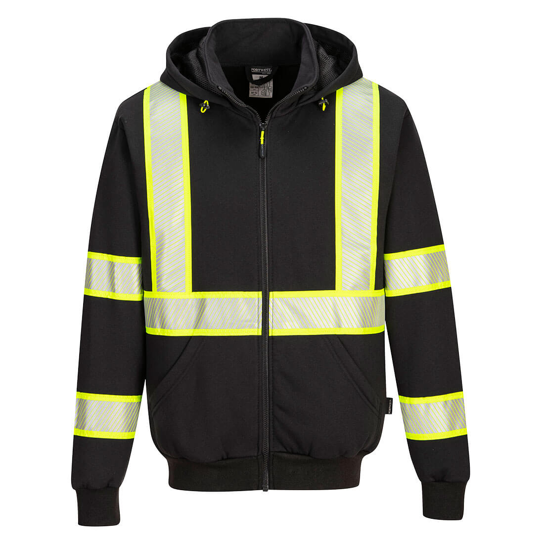 Black hi-vis safety hoodie with segmented reflective yellow stripes from GlowSafetyVest