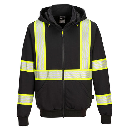 Black hi-vis safety hoodie with segmented reflective yellow stripes from GlowSafetyVest