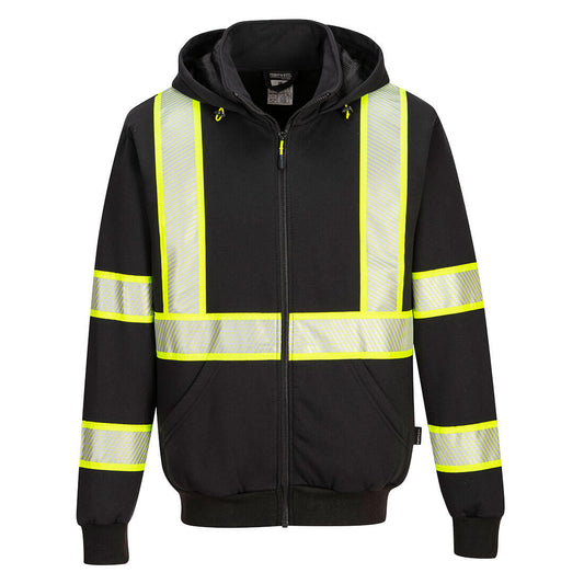 Black hi-vis safety hoodie with segmented reflective yellow stripes from GlowSafetyVest