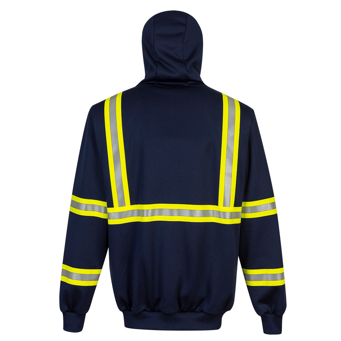 Navy blue hoodie with yellow and silver reflective stripes from GlowSafetyVest