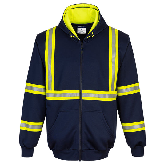 Navy blue hoodie with yellow and silver reflective stripes from GlowSafetyVest