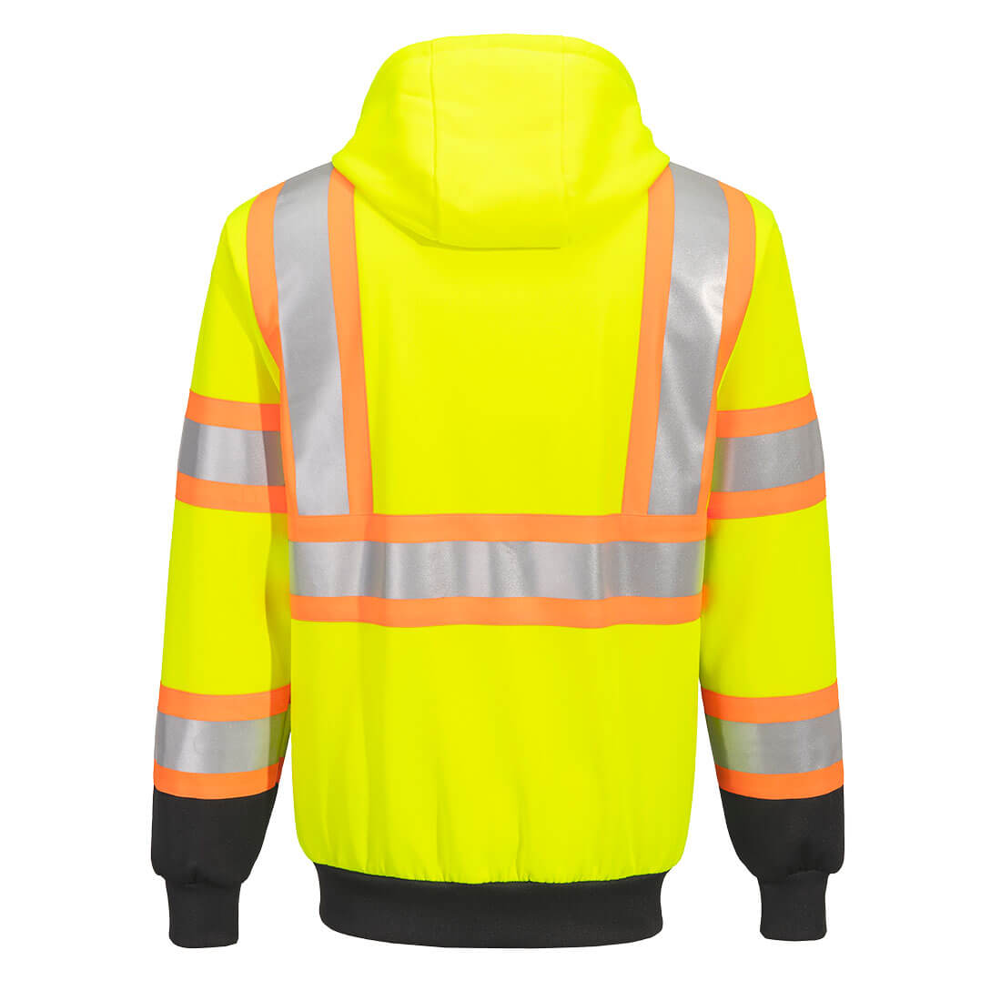 High-visibility yellow and black safety hoodie with reflective stripes from GlowSafetyVest