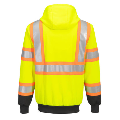 High-visibility yellow and black safety hoodie with reflective stripes from GlowSafetyVest