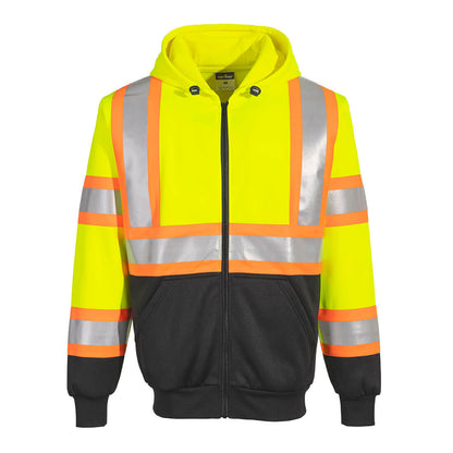 High-visibility yellow and black safety hoodie with reflective stripes from GlowSafetyVest