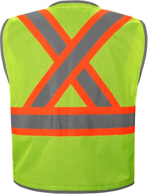 High-visibility lime mesh safety vest with X back reflective tape from GlowSafetyVest