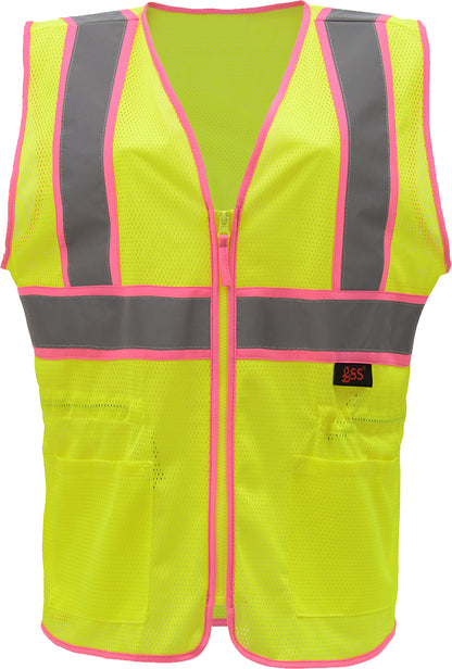 Yellow mesh safety vest with pink trims and reflective tape from GlowSafetyVest