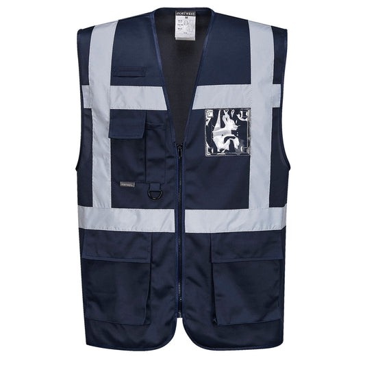 Navy blue executive safety vest with reflective tape from GlowSafetyVest