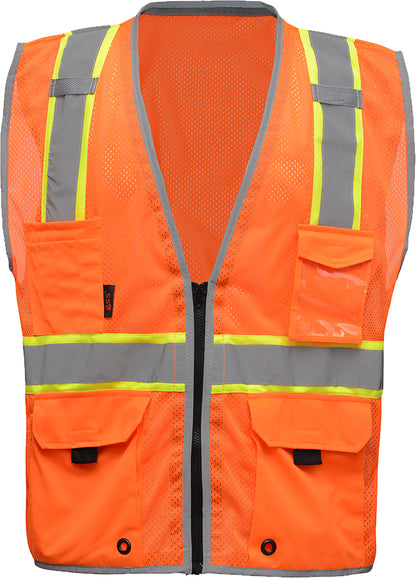 Orange mesh safety vest with reflective tape and pockets  from GlowSafetyVest