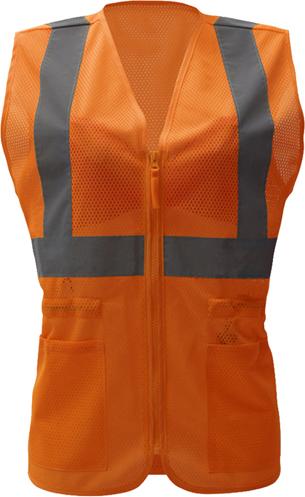 Womens orange ansi mesh safety vest with reflective tape from GlowSafetyVest