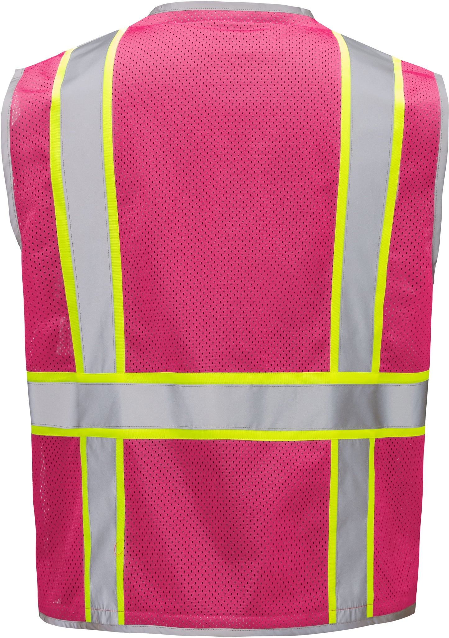 Pink hi-vis mesh safety vest with silver reflective stripes from GlowSafetyVest