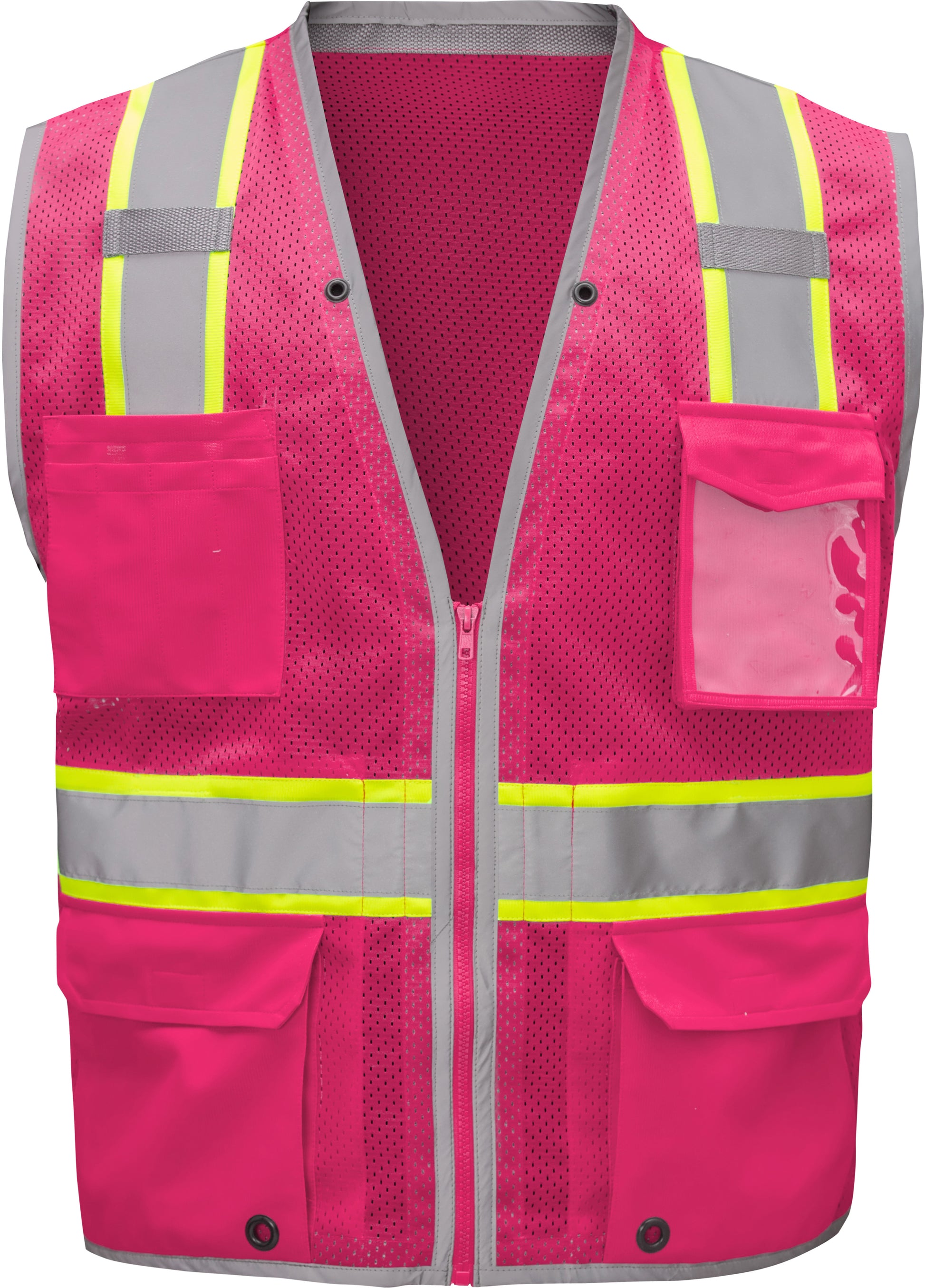 Pink hi-vis mesh safety vest with silver reflective stripes from GlowSafetyVest