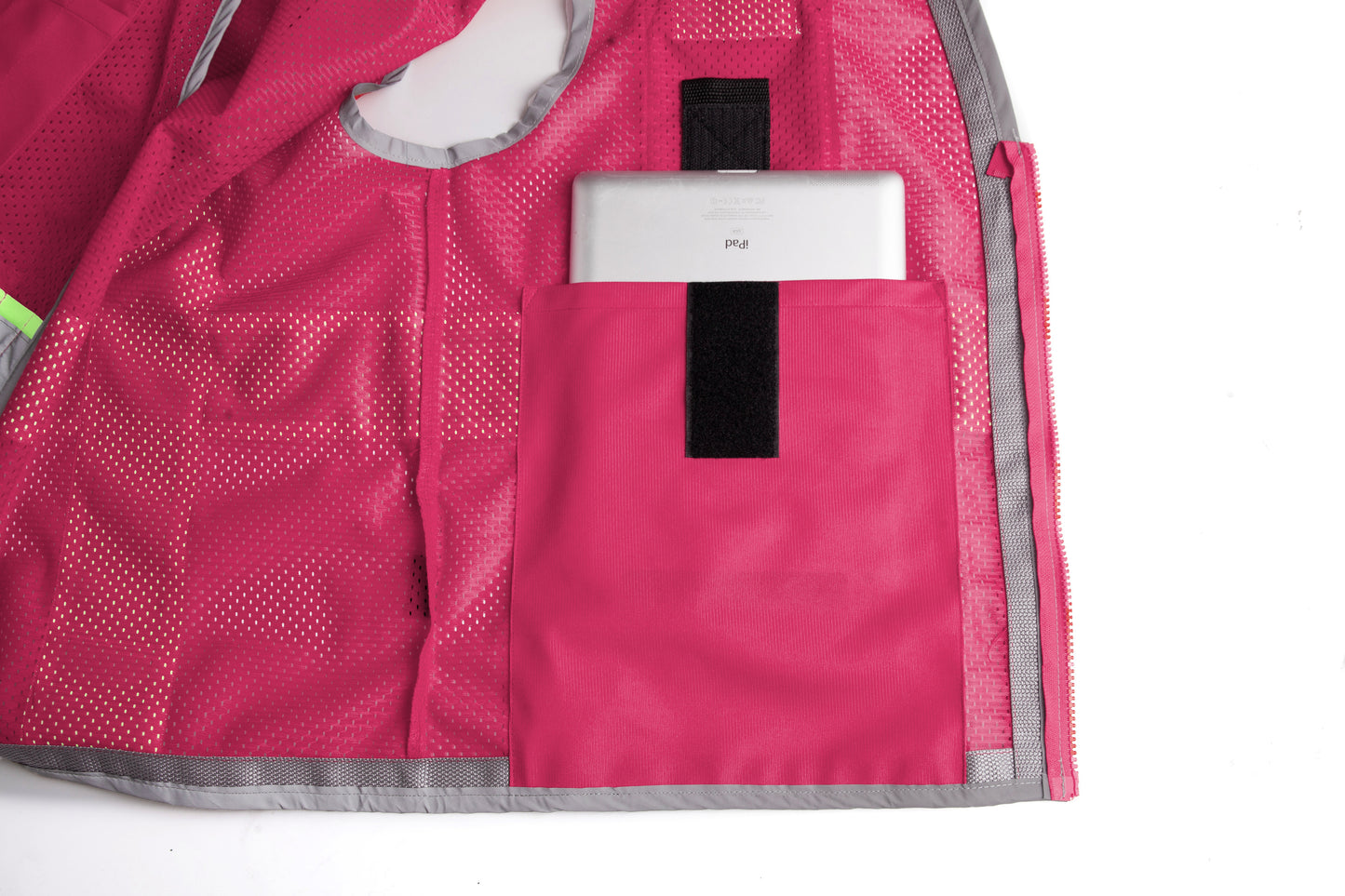 Pink hi-vis mesh safety vest with silver reflective stripes from GlowSafetyVest