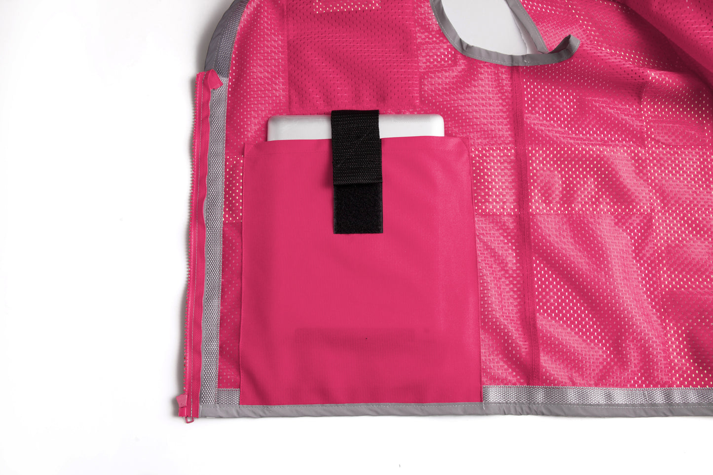 Pink hi-vis mesh safety vest with silver reflective stripes from GlowSafetyVest