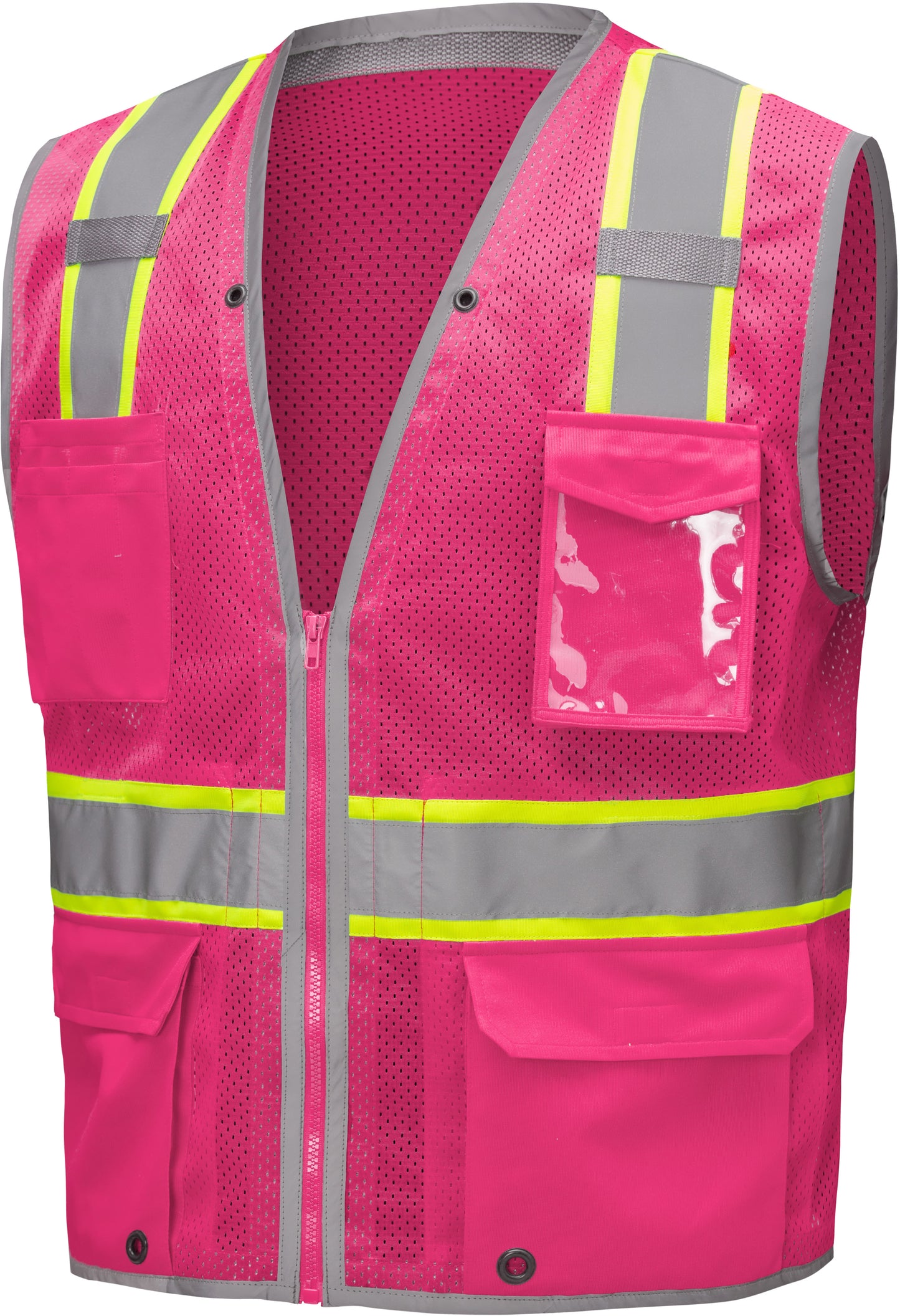Pink hi-vis mesh safety vest with silver reflective stripes from GlowSafetyVest