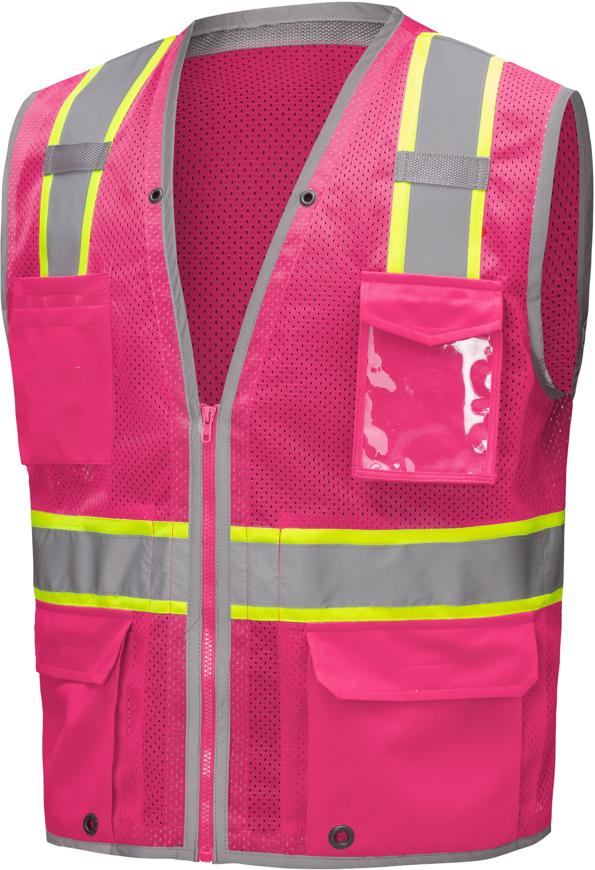 Pink hi-vis mesh safety vest with silver reflective stripes from GlowSafetyVest