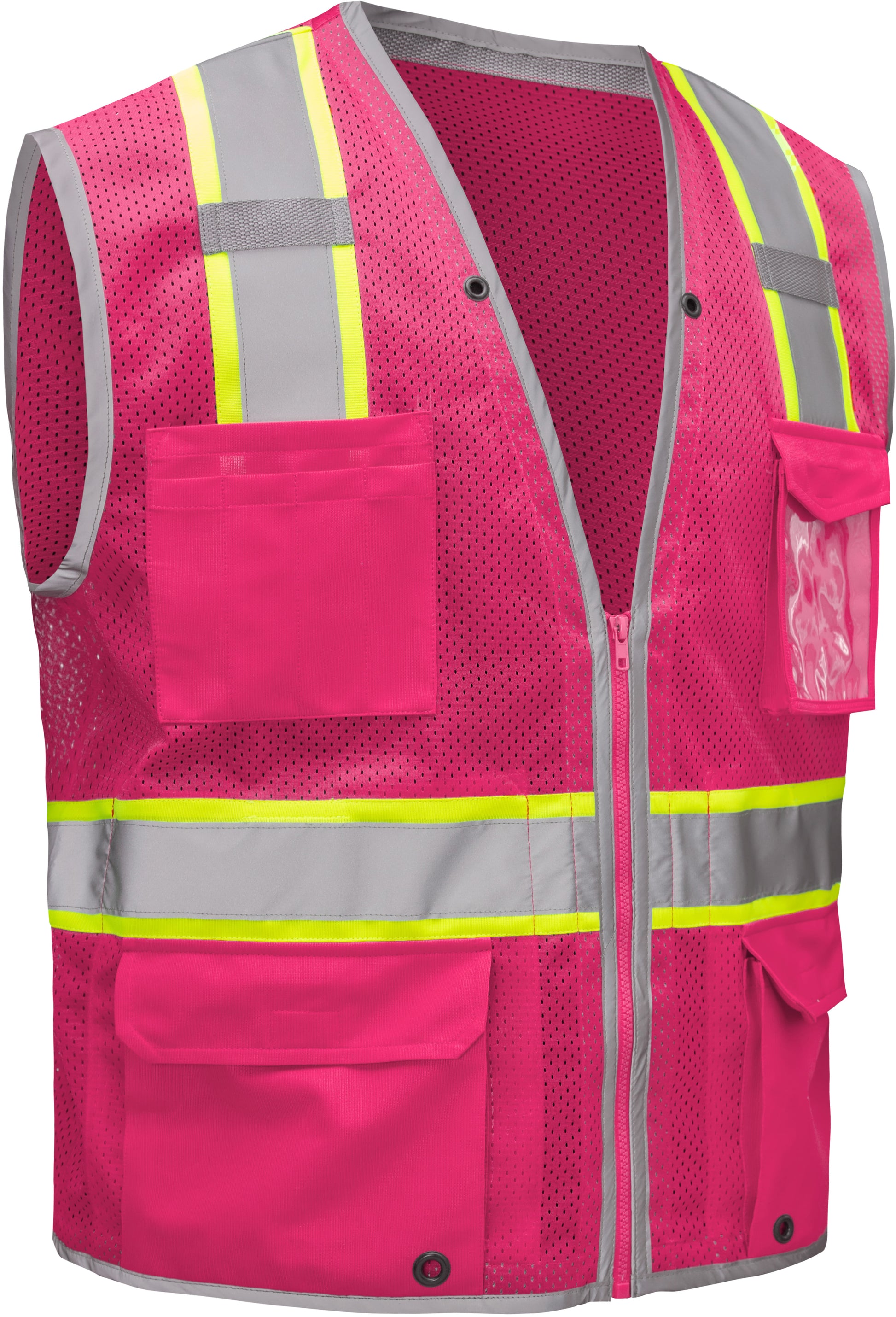 Pink hi-vis mesh safety vest with silver reflective stripes from GlowSafetyVest
