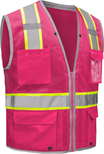 Pink hi-vis mesh safety vest with silver reflective stripes from GlowSafetyVest