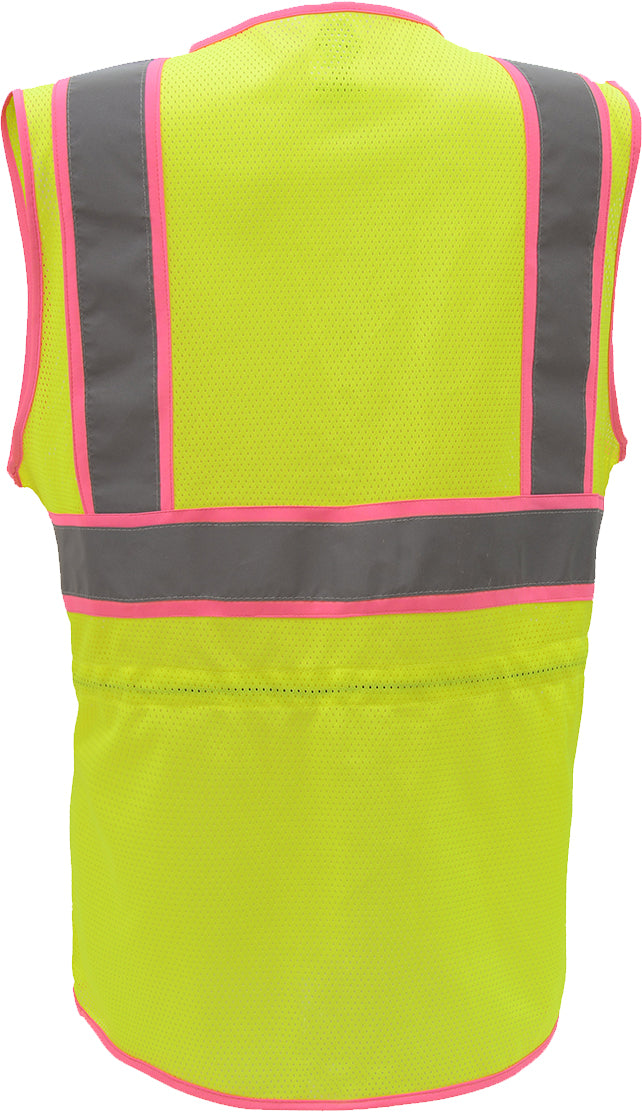 Yellow mesh safety vest with pink trims and reflective tape from GlowSafetyVest