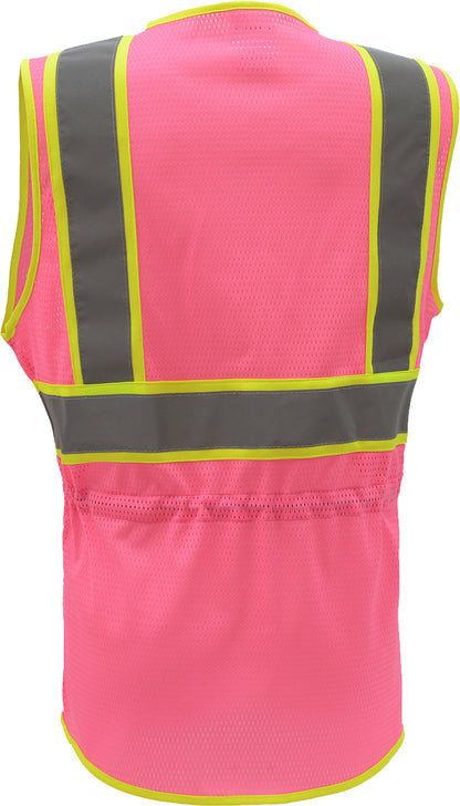 Pink mesh safety vest with reflective tape and hi-vis trim from GlowSafetyVest