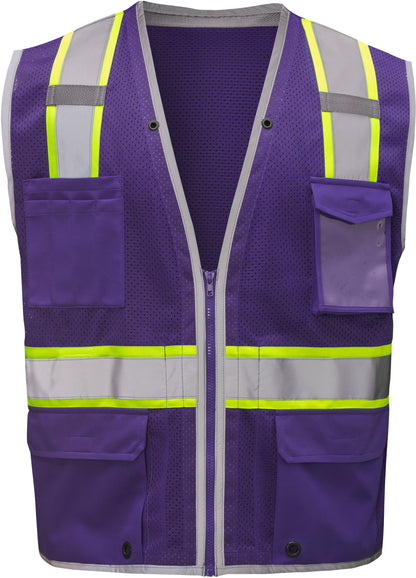 Purple mesh safety vest with silver reflective stripes from GlowSafetyVest