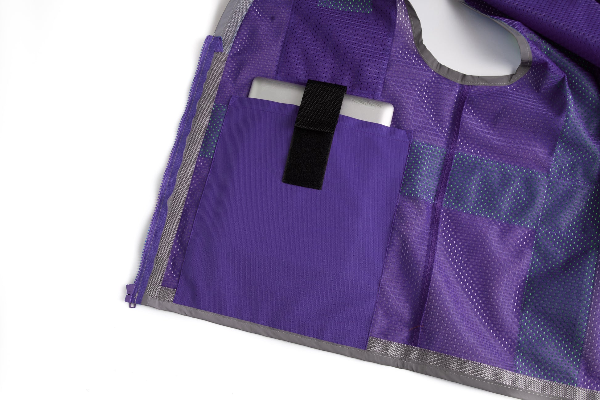 Purple mesh safety vest with silver reflective stripes from GlowSafetyVest