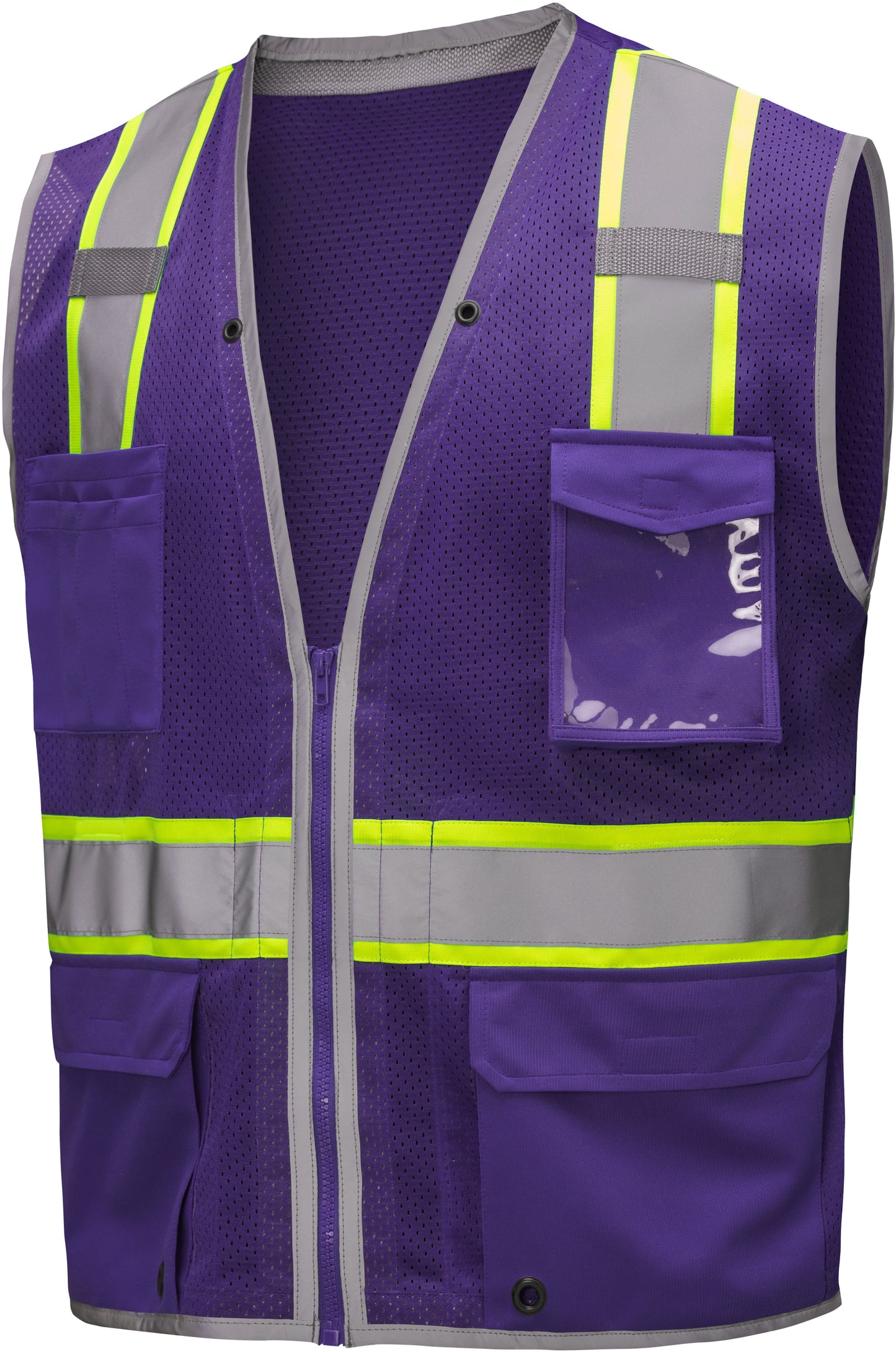 Purple mesh safety vest with silver reflective stripes from GlowSafetyVest