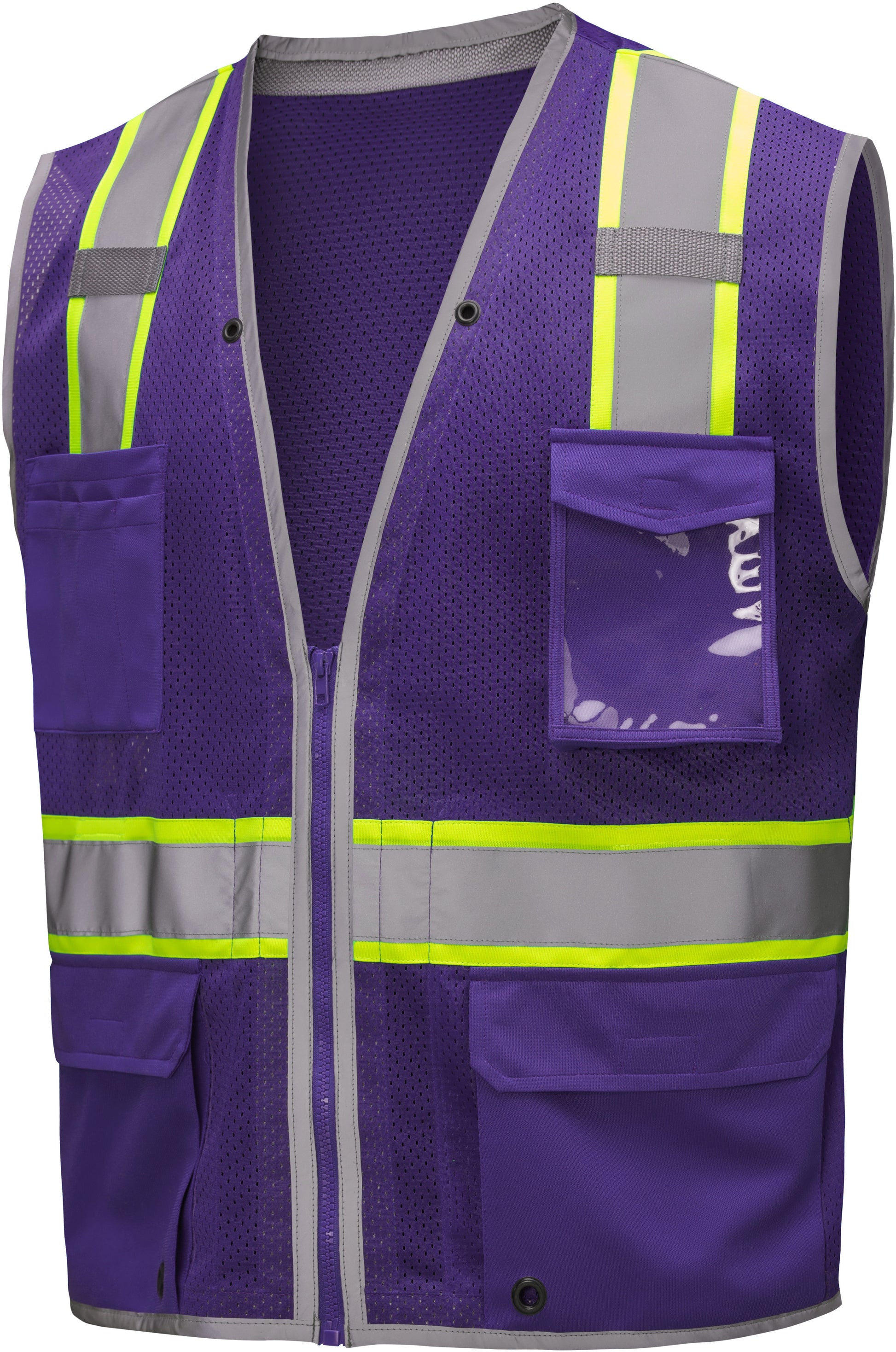Purple mesh safety vest with silver reflective stripes from GlowSafetyVest