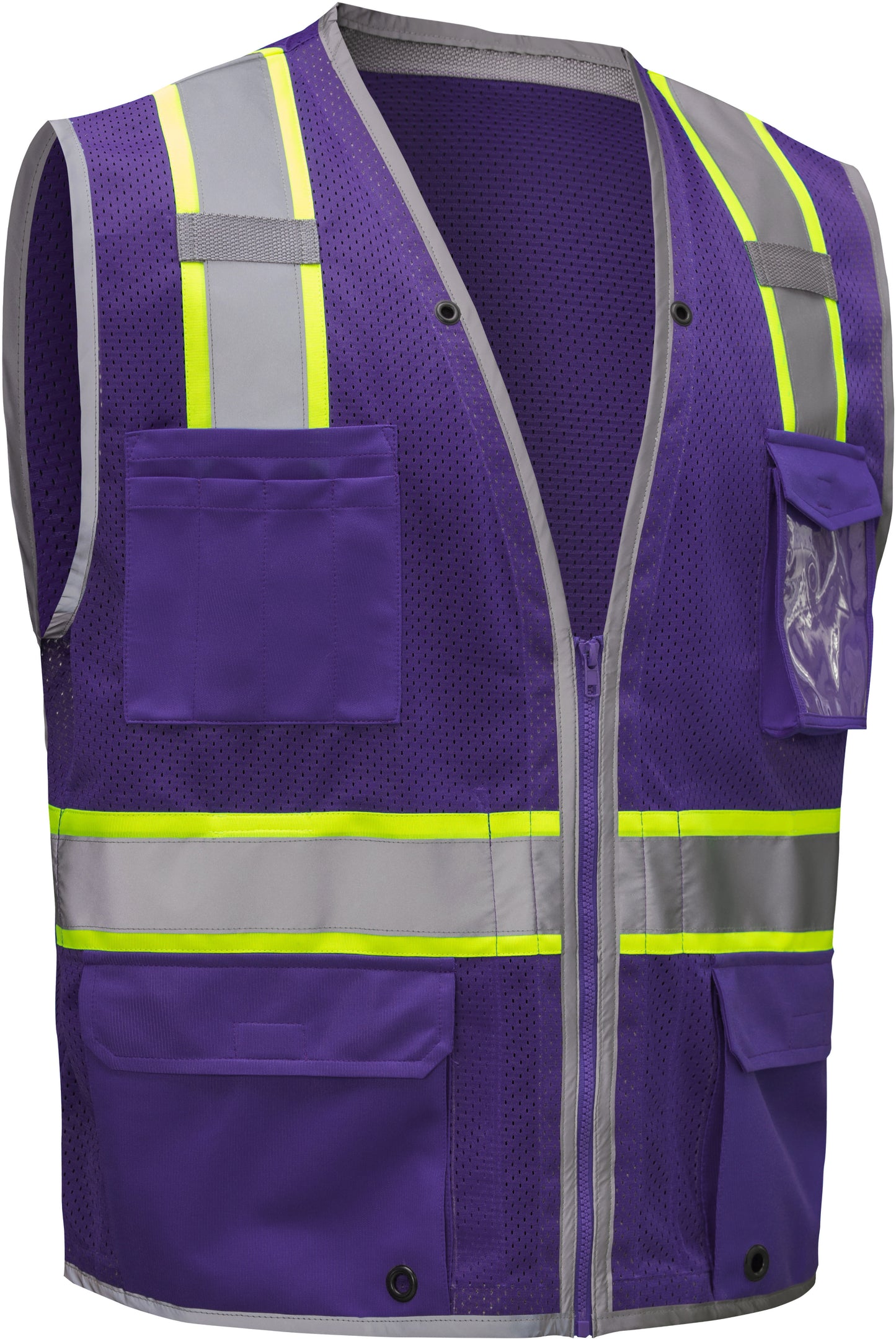 Purple mesh safety vest with silver reflective stripes from GlowSafetyVest