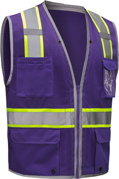 Purple mesh safety vest with silver reflective stripes from GlowSafetyVest