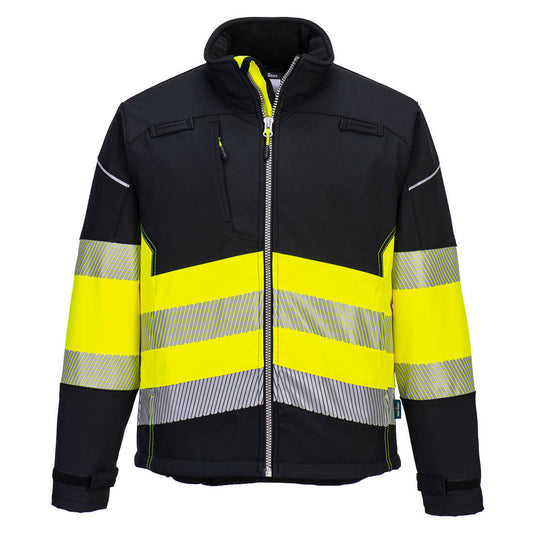 Black safety jacket with high-visibility segmented yellow and silver stripes from GlowSafetyVest