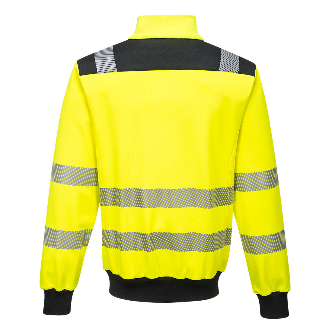 Yellow and black hi-vis safety jacket with modern segmented reflective stripes from GlowSafetyVest