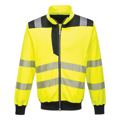 Yellow and black hi-vis safety jacket with modern segmented reflective stripes from GlowSafetyVest