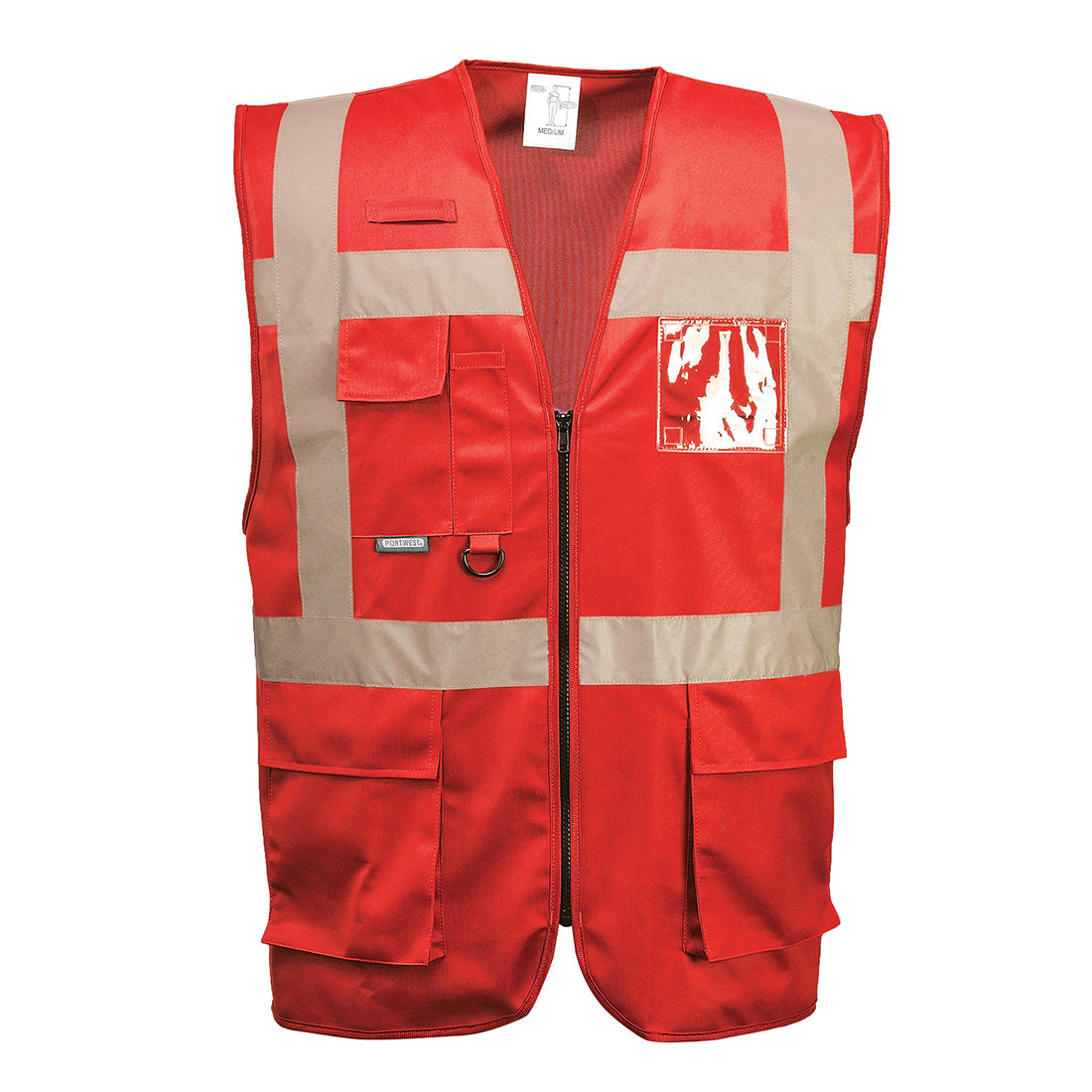 Red executive safety vest with reflective tape from GlowSafetyVest