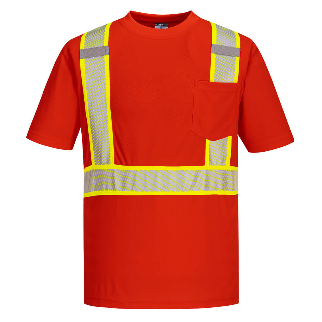 Red safety shirt with segmented reflective yellow and gray tape from GlowSafetyVest