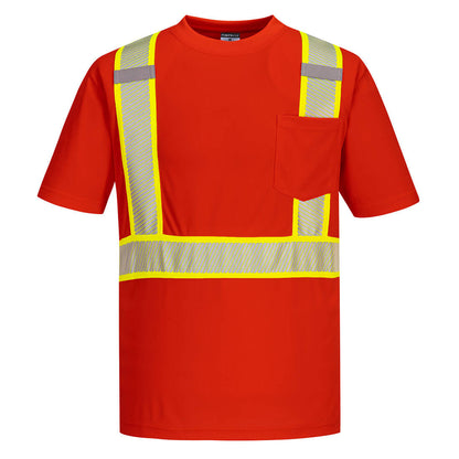 Red safety shirt with segmented reflective yellow and gray tape from GlowSafetyVest