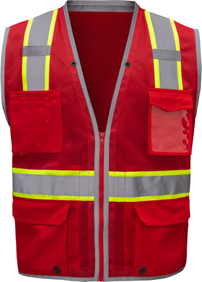 Red mesh safety vest with silver reflective stripes from GlowSafetyVest