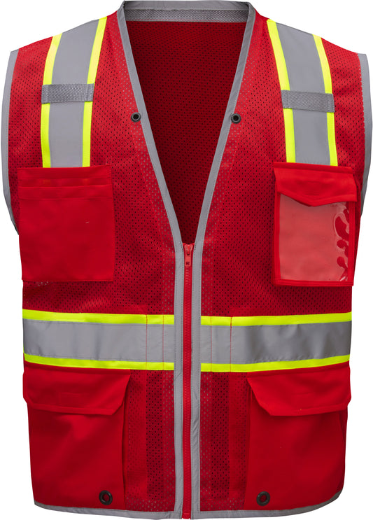 Red mesh safety vest with silver reflective stripes from GlowSafetyVest