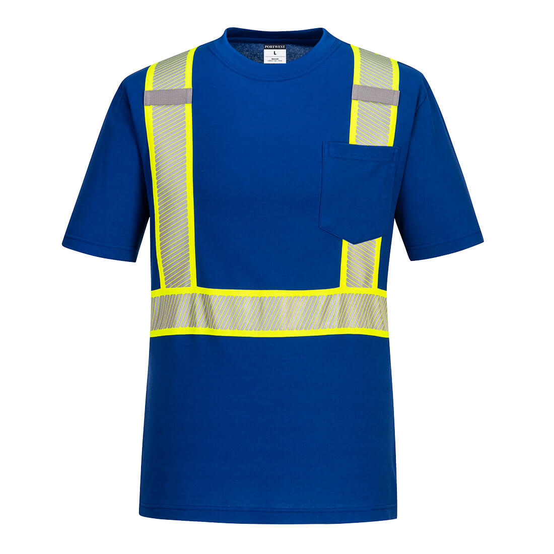 Royal Blue safety shirt with segmented reflective yellow and silver tape from GlowSafetyVest