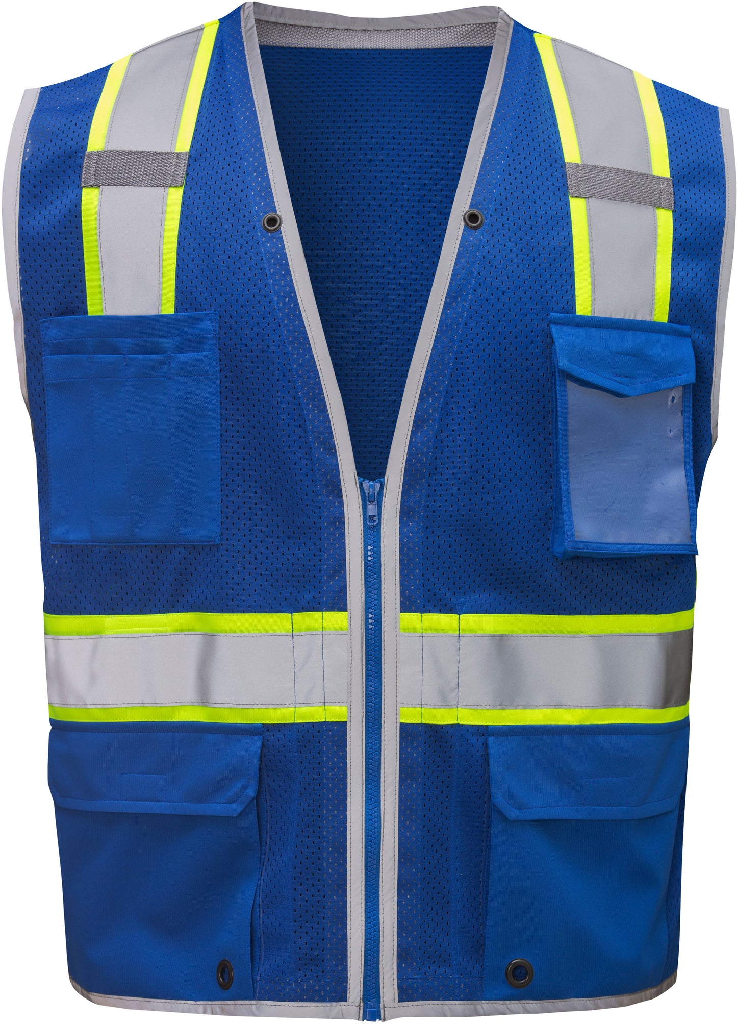 Blue mesh safety vest with silver reflective tape from GlowSafetyVest
