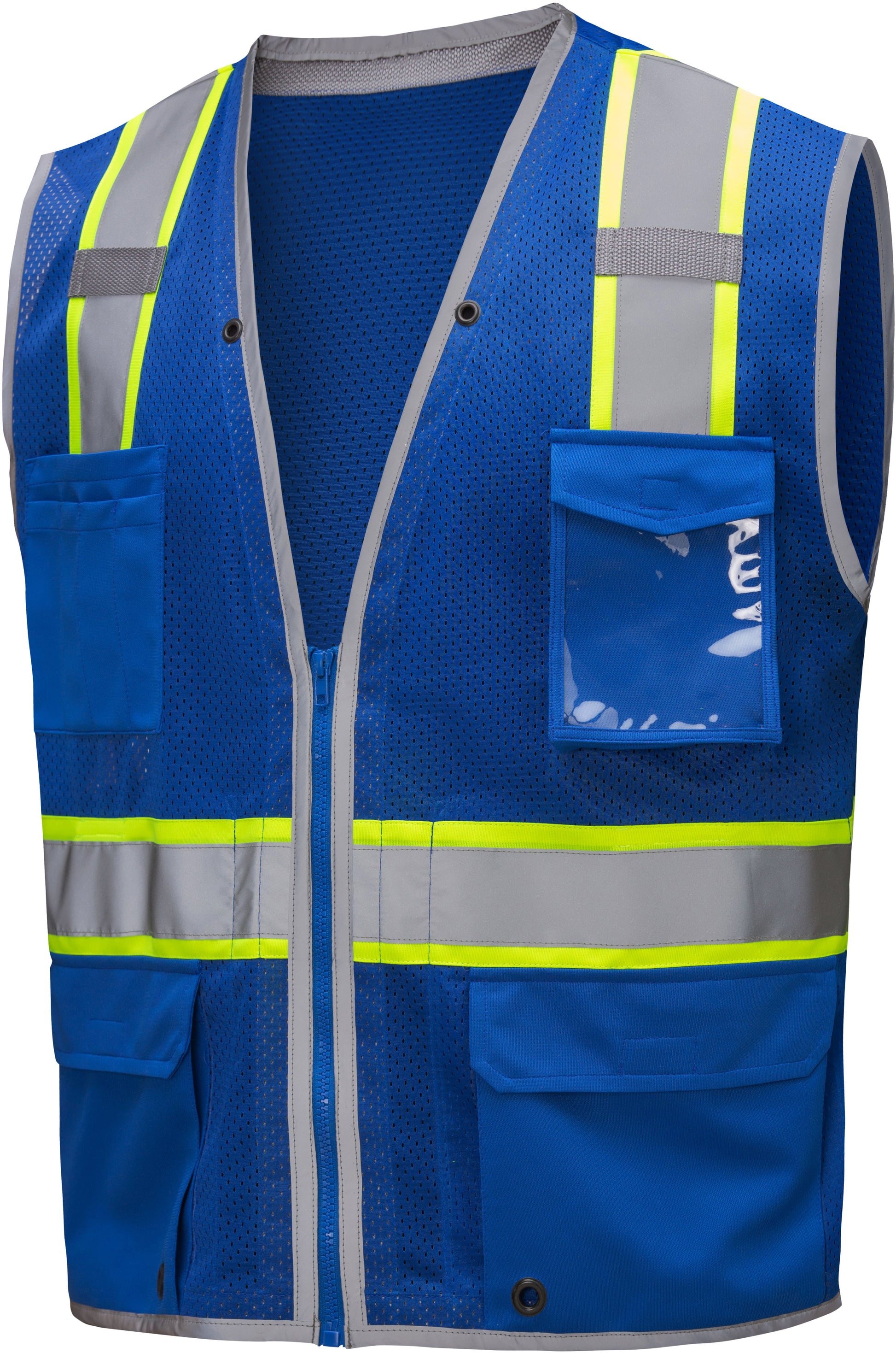 Blue mesh safety vest with silver reflective tape from GlowSafetyVest
