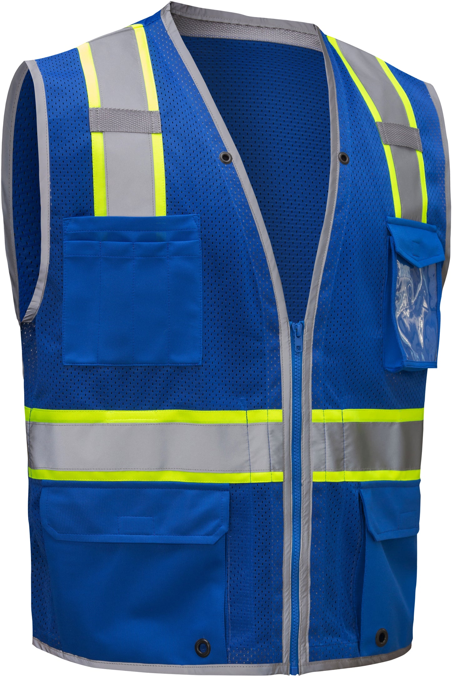 Blue mesh safety vest with silver reflective tape from GlowSafetyVest