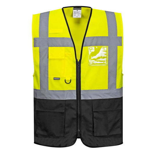 Yellow and black warsaw safety vest with silver reflective tape from GlowSafetyVest